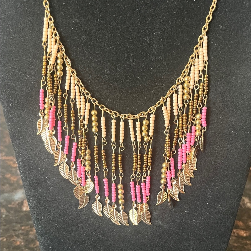 Bohemian Hippie Gold and Pink Beaded Leaf Dangling Necklace